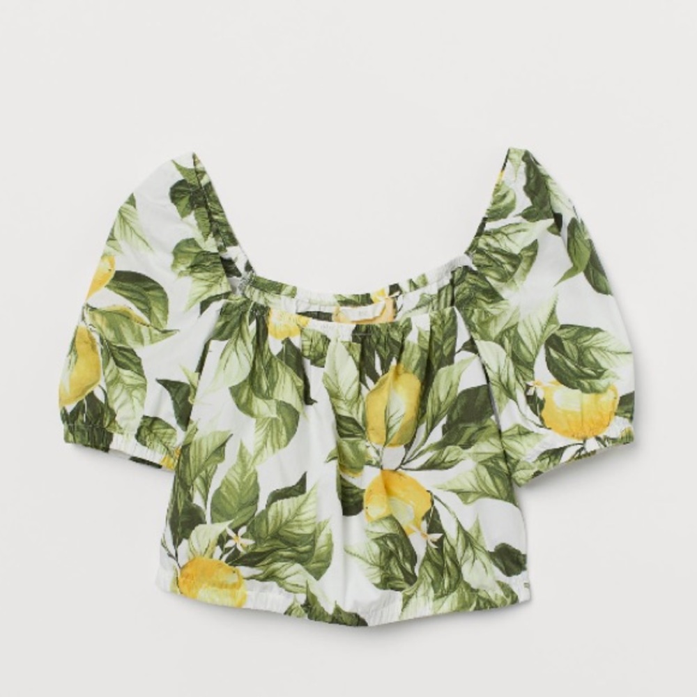 🛍 H&M Puff-sleeved Lemon-print Cotton Crop-top - Picture 6 of 7